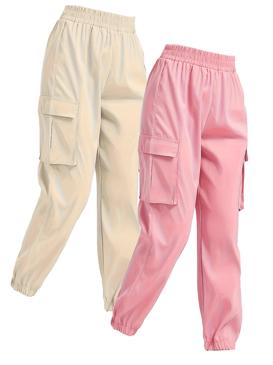 2 Pack Solid Jogger Cargo Pants - Women's Casual Pants with Flap Pockets and Elastic Waistband - Comfortable and Versatile Clothing for Everyday Wear
