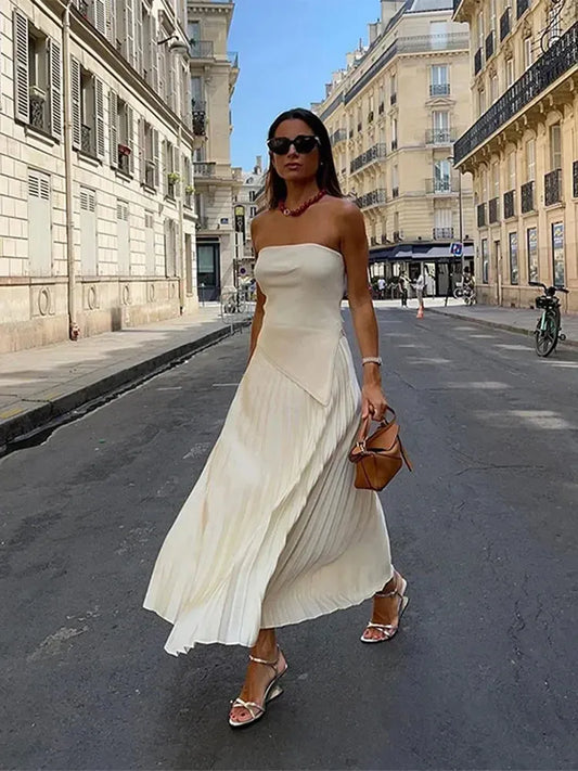 Elegant Women Solid Skirts 2 Pcs Sets Fashion Strapless Backless Top High Waist Long Skirt Suit Lady  Spring Street Set 240403