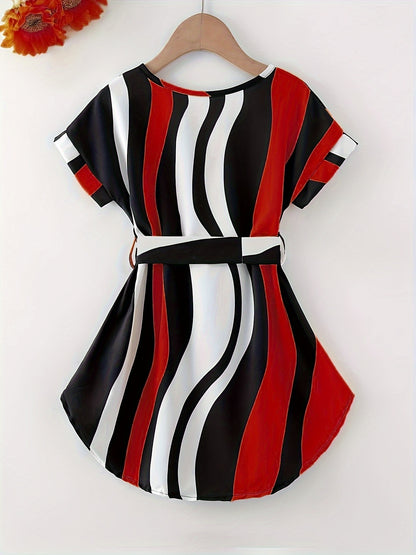 Girls Adorable Striped Dress with Chic Strap - Short Sleeve Summer Wear for Parties & Gifts - Comfortable & Fashionable