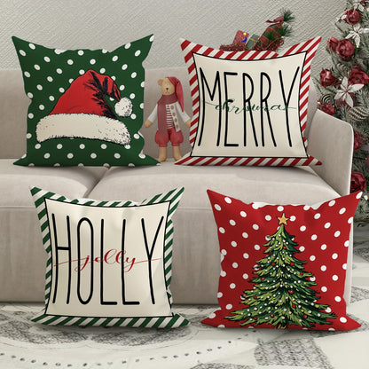 4-Pack 18x18 inches Velvet Christmas Throw Pillow Covers, Soft Decorative Cushion Cases with Santa Hat & Tree Design, Contemporary Farmhouse Style, Zippered, Machine Washable for Living Room Sofa Bed Decor