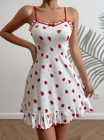 Romantic Strawberry Print Nightdress - Soft Slip Sleep Dress with Lettuce Trim for Womens Dreamy Slumber & Lounging