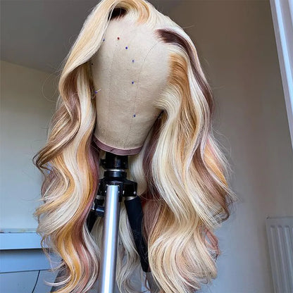 Peruvian Hair Blonde Highlight Lace Front Wig Body Wave 13X4 Lace Frontal Wigs Honey Blonde Colored Synthetic Cosplay Wigs for Black Women