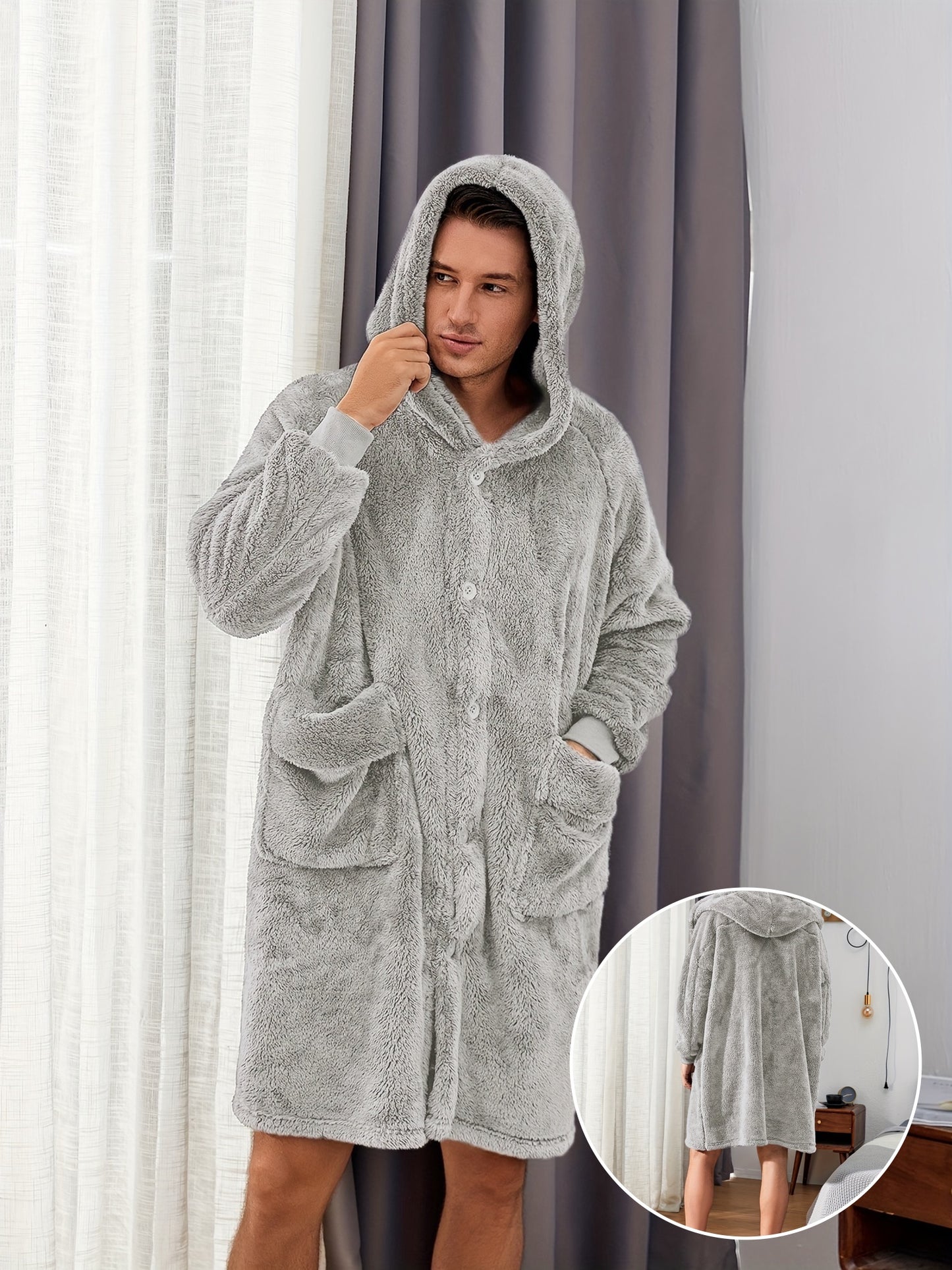 Cozy Fleece Robe - Ultra-Soft Hooded Pajamas with Pocket & Hair Dry Hat, One-Piece Button-Up Kimono Night-Robe for Men, Perfect for Home Use After Bath, Warm and Toasty for Chilly Evenings