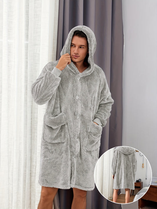 Cozy Fleece Robe - Ultra-Soft Hooded Pajamas with Pocket & Hair Dry Hat, One-Piece Button-Up Kimono Night-Robe for Men, Perfect for Home Use After Bath, Warm and Toasty for Chilly Evenings