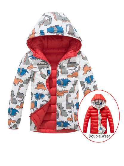 Ultra-Soft Dino Thrill Reversible Quilted Jacket - Insulated Zip Up Hooded Coat for Little Adventurers - Perfect Warm Winter Wear & Gift Idea for Boys