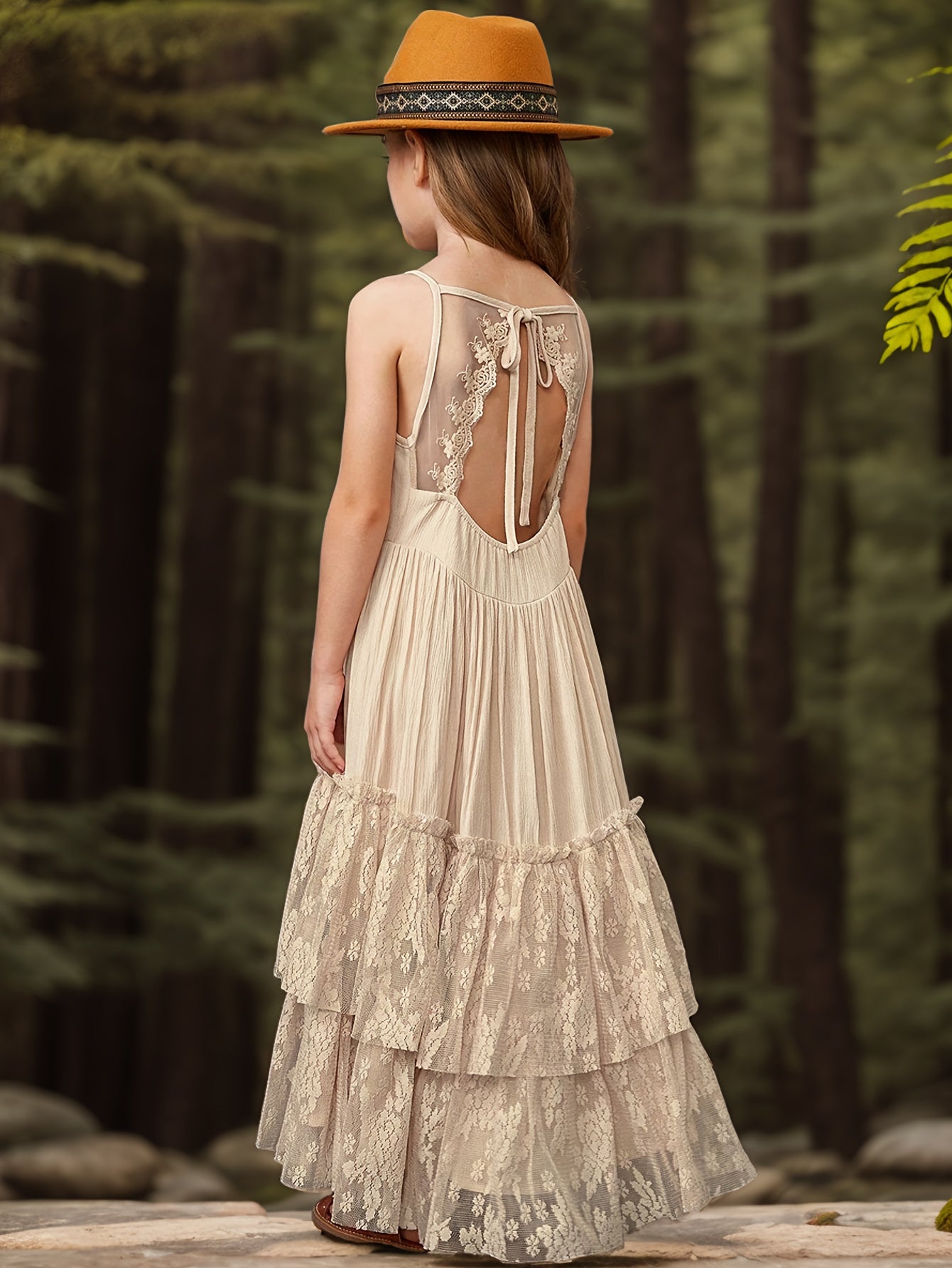 Elegant Girls' Halter Lace Maxi Dress - Backless, Perfect for Weddings and Performances