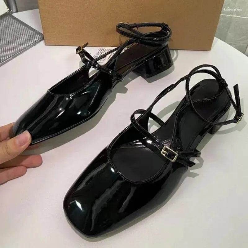 Sandals Elegant Office Shoes For Women Black Leather Square Toe Chic Outdoor Casual Slingbacks Ankle Strap Summer Lady Heeled