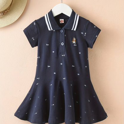 Girls' Summer Sporty Cotton Dress - Embroidered Stars, Polo Collar, Flared Ruffle Hem