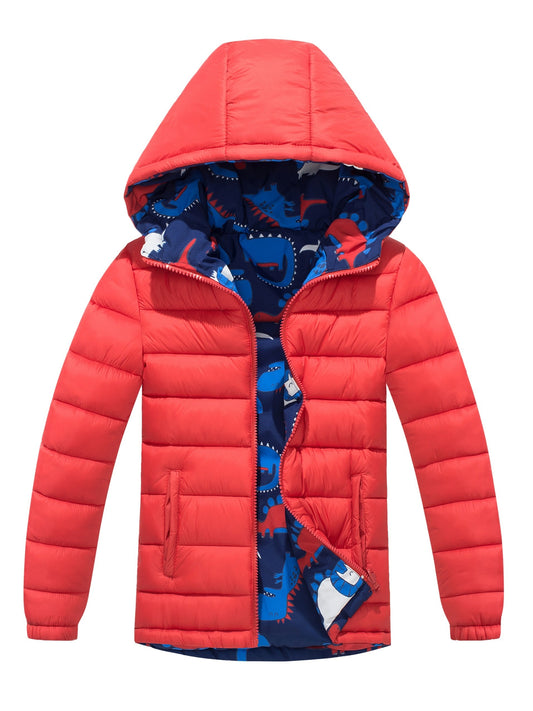 Ultra-Soft Dino Thrill Reversible Quilted Jacket - Insulated Zip Up Hooded Coat for Little Adventurers - Perfect Warm Winter Wear & Gift Idea for Boys