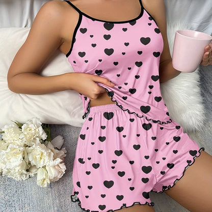 Cozy Heart Print Pajama Set - Sleeveless Cami Top with Lettuce Trim and Elastic Waistband Shorts for Women - Soft Polyester Knit Fabric, Machine Washable, Random Heart Pattern, Casual Sleepwear and Loungewear for All Seasons