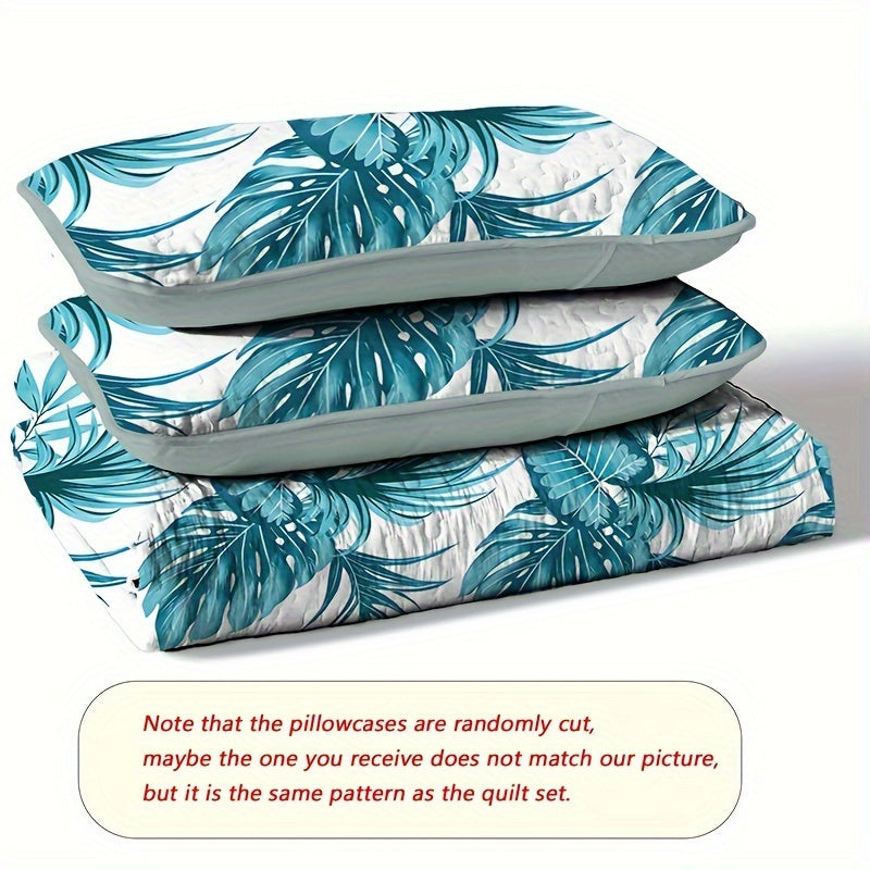 3-Piece Bedspread Set - Soft, Lightweight, and Vibrant Blue Leaf Plant Flower Print - Perfect for Home and Bedroom Decoration, All-Season Comfort