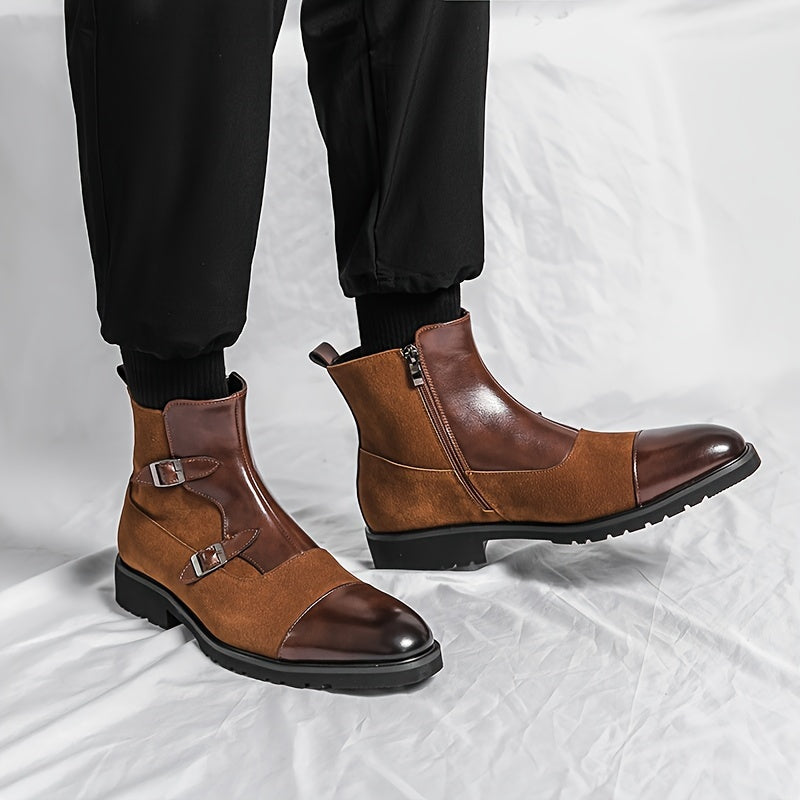 Mens Wind-resistant High-top Boots - Non-slip Side-zip with Stylish Buckles - Perfect for Business Office, All-Season Comfort