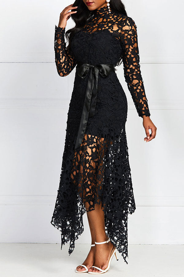 namcoverse Solid Color Lace Elegant Irregular Midi Dress