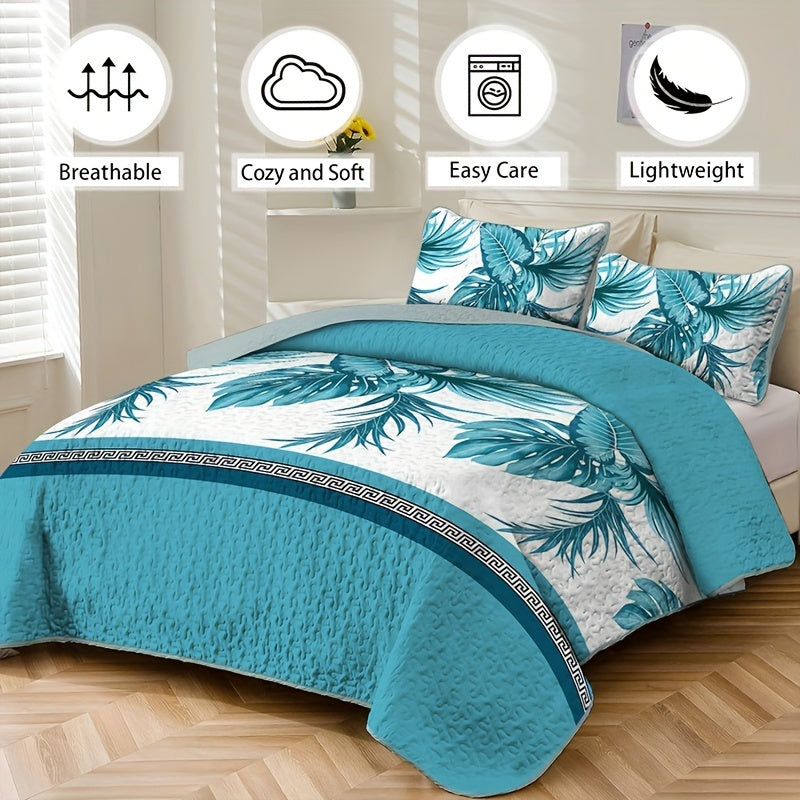 3-Piece Bedspread Set - Soft, Lightweight, and Vibrant Blue Leaf Plant Flower Print - Perfect for Home and Bedroom Decoration, All-Season Comfort