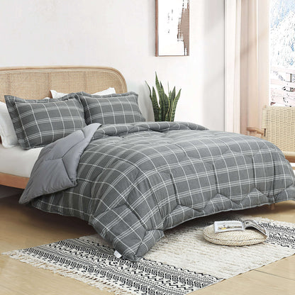 3 Pieces Reversible Quilted Comforter Set, Cationic Dyeing Comforter with Contemporary Plaid Pattern, Preppy Bedding Sets-Include 1 Comforter, 2 Pillow Shams for Bedroom
