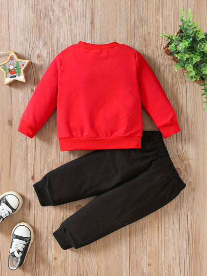 Toddler Baby Boys Cute Christmas Elk Santa Penguin Cartoon Print Sweatshirt Top Pants Outdoor Set, Kid's Party Casual Clothes