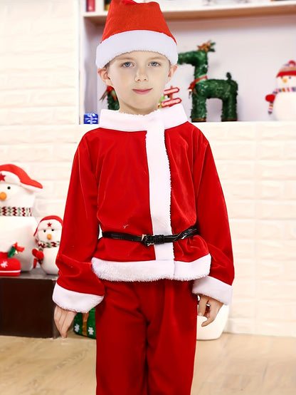 Boys' Festive Christmas Costume Set with Santa Hat - Long Sleeve Top & Cropped Pants, Polyester Blend, Perfect for Holiday Performances