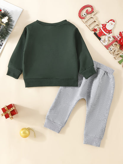 Baby Boys And Girls Christmas Print Cute Outfits, Kids 2pcs Sweatshirt Casual Pocket Pants Set