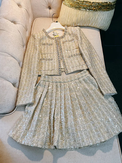 Spring Champagne Beaded Rhinestone Two Piece Dress Sets Long Sleeve Round Neck Tweed Pockets Coat + High Waist Pleated Short Skirt Set Two Piece Suits D3N233219