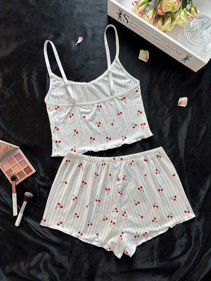 Chic Cherry-Print Women’s Pajama Set: Comfy, Cute Bow-Detailed Cami Top & Elastic Shorts - Cozy Spring-to-Fall Loungewear