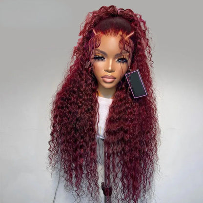 99j Burgundy 13x4 Hd Lace Water Wave Frontal Wigs Human Hair Glueless Red Colored Brazilian Wigs 36 Inch Deep Wave Wig