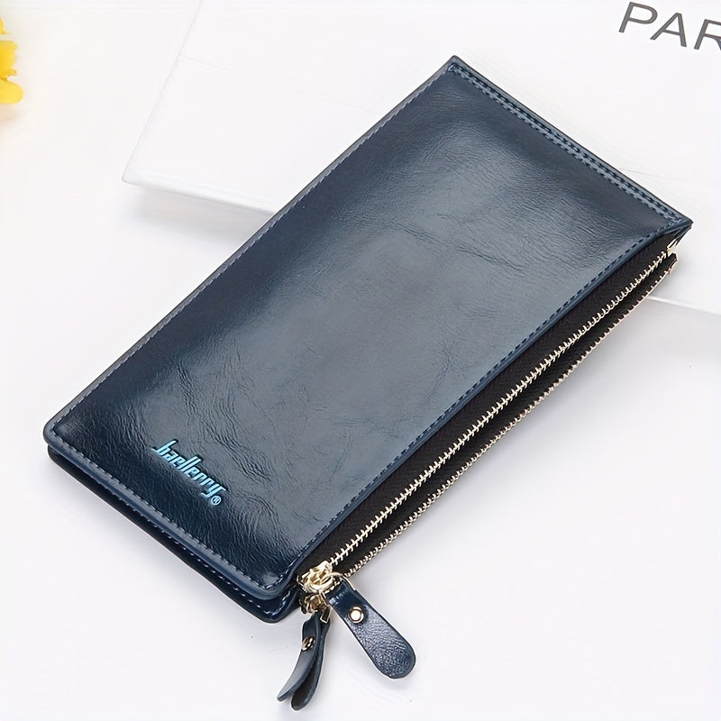 Classic Bi-Fold Faux Leather Long Wallet - Double Zipper, Multiple Card Slots, Slim Design, Elegant Clutch Purse with Snap Closure and Faux Leather Lining