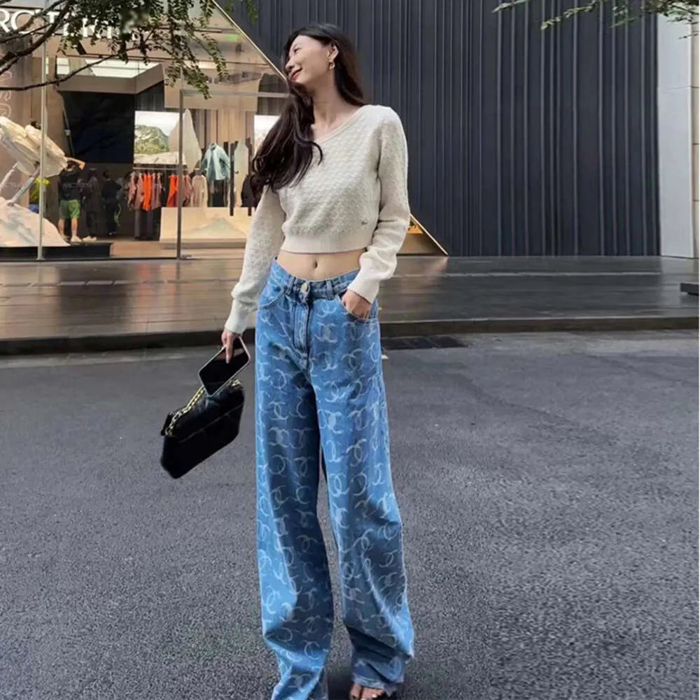 South Oil High end Womens Wear 24 New Small Fragrance Full Print Sticking Diamond Trendy Narrow Straight Tube Denim Pants for Women