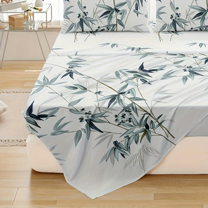 4pcs Luxurious Bamboo Leaf Print Fitted Sheet Set - Soft, Breathable, Comfortable, Hypoallergenic Bedding for Bedroom, Guest Room - 1 Flat Sheet, 1 Fitted Sheet, 2 Pillowcases, No Core Included, Easy Care, Wrinkle-Resistant, and Fade-Proof
