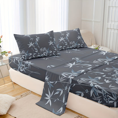 4pcs Luxurious Bamboo Leaf Print Fitted Sheet Set - Soft, Breathable, Comfortable, Hypoallergenic Bedding for Bedroom, Guest Room - 1 Flat Sheet, 1 Fitted Sheet, 2 Pillowcases, No Core Included, Easy Care, Wrinkle-Resistant, and Fade-Proof