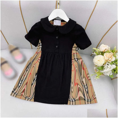 Girls Dresses 23Ss Princess Dress Short-Sleeved Kids Designer Clothes Lapel Lattice Splicing Belt Shirtdress Big Shirt Skirts Drop Del Dhnu8