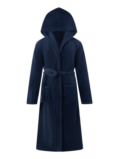 Men's Comfy Solid Fleece Robe Home Hooded Pajamas Wear With Pockets & Hair Dry Hat, One-piece Lace Up Kimono Night-robe Warm Sets After Bath