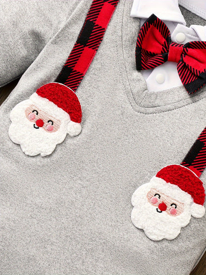 Christmas Baby Boy 2-Piece Outfit - Cute Santa Claus Pattern Long Sleeve Collar Onesie And Plaid Pants Set, Fall/Winter
