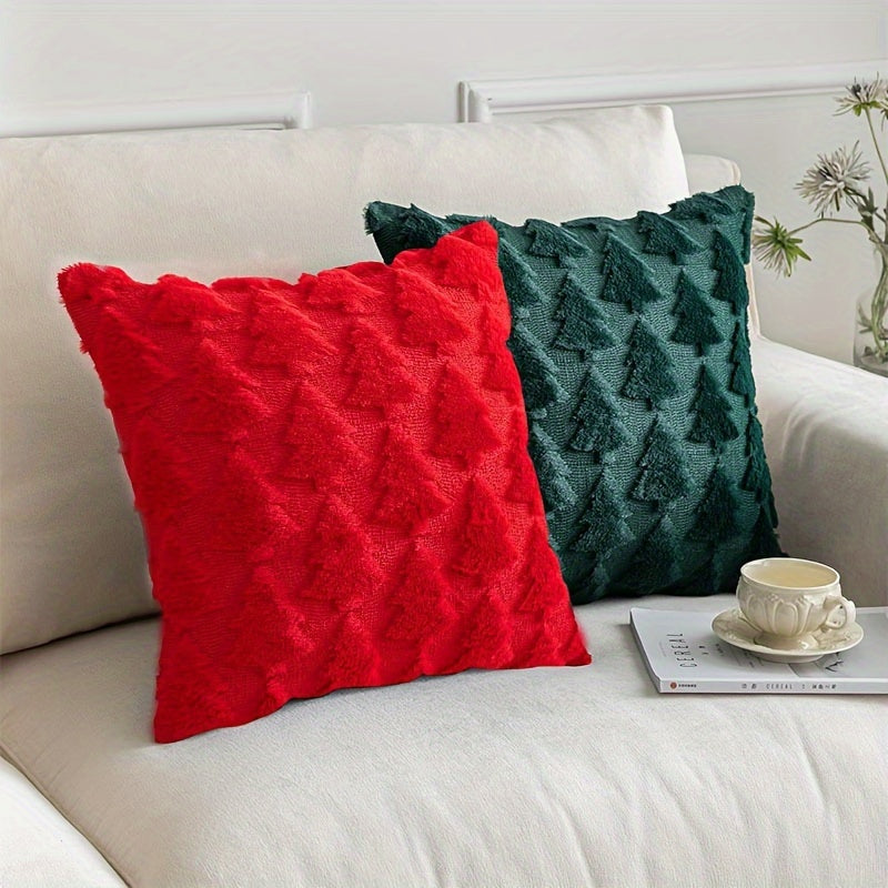 Set of 2 Festive Faux Fur Christmas Throw Pillow Covers - Soft, Traditional Style, Pine Tree Pattern, Machine Washable, Zippered, Polyester Woven, Sofa and Bedroom Decor - Easy Care, Durable, and Cozy Winter Accent