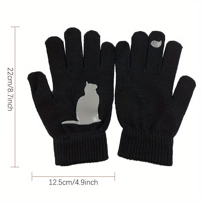 Niche Chic Cat Print Knit Gloves Short Thickened Warm Split Finger Gloves Autumn Winter Coldproof Windproof Gloves