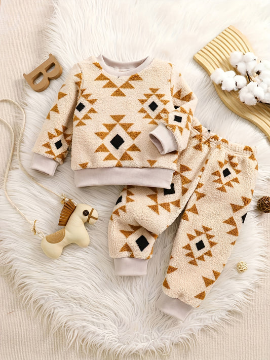 Boys' Cozy Fleece Christmas Outfit - Festive Printed Sweatshirt & Pants Set, Warm for Fall/Winter