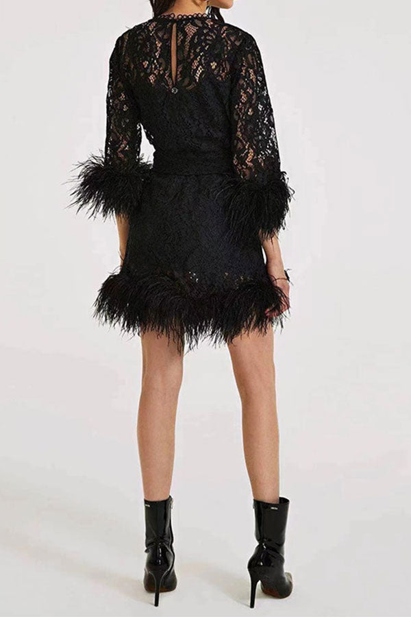 namcoverse Black Feather Trim Sophisticated Lace Belted Mini Dress