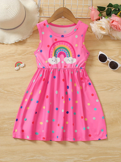 Girls Rainbow Charm - Vibrant Polka Dot Print Sleeveless Crew Neck Dress - Perfect Summer Fashion Gift for Little Princesses