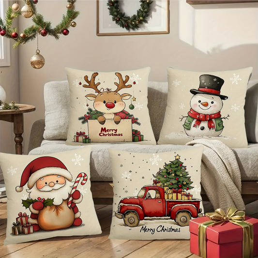 Festive 4pcs Set of Rustic Christmas Throw Pillow Covers - Santa, Reindeer, Snowman & Tree Designs | Durable Polyester, Zip Closure | Perfect for Living Room, Bedroom & Sofa Decor | Machine Washable | 17.72" Square