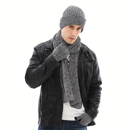 Winter Warmth Set for Men - Thickened Velvet Knitted Gloves with Non-Slip Touch Screen, Long Scarf, and Fashionable Hat for Cold Weather - Soft, Breathable, and Stylish Accessories for Outdoor Activities