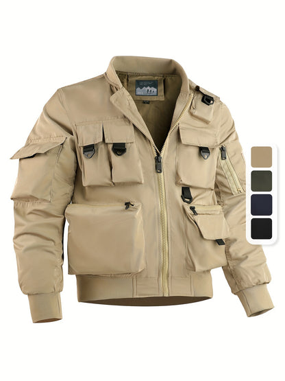 Mens Cargo Jacket with Multiple Pockets - Lightweight Stand Collar Windbreaker for Tactical Outdoor Wear