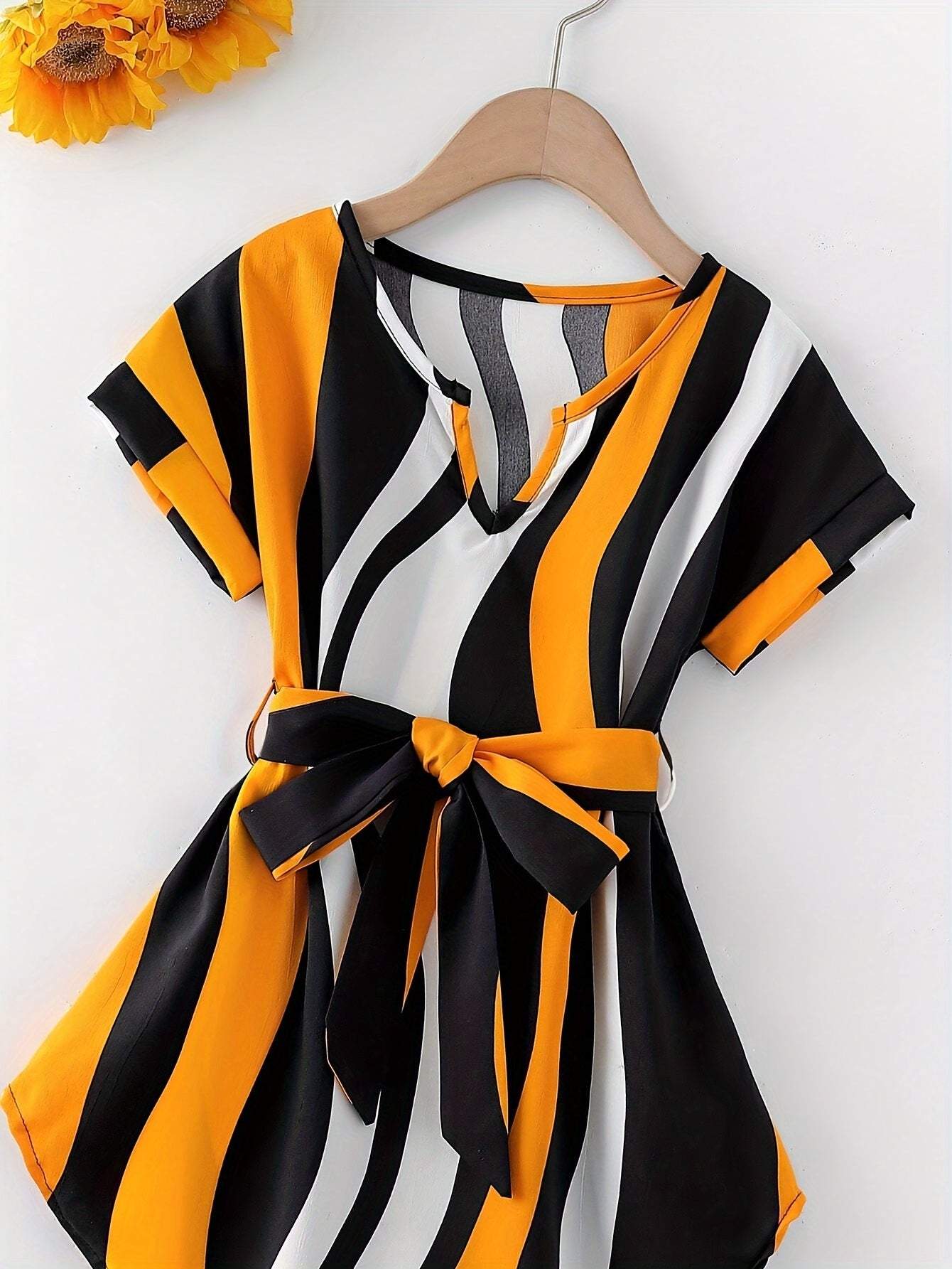 Girls Adorable Striped Dress with Chic Strap - Short Sleeve Summer Wear for Parties & Gifts - Comfortable & Fashionable