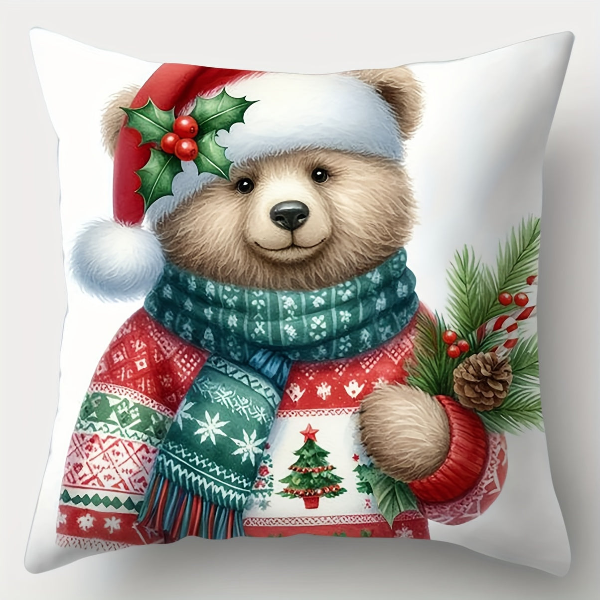 Contemporary Christmas Throw Pillow Covers Set of 4, Reindeer & Snowman, Teddy Bear & Christmas Bells, Decorative Cushion Cases, Zippered, Woven Polyester, Hand Wash, Home Sofa Decor 17x17 inches - Pillow Inserts Not Included