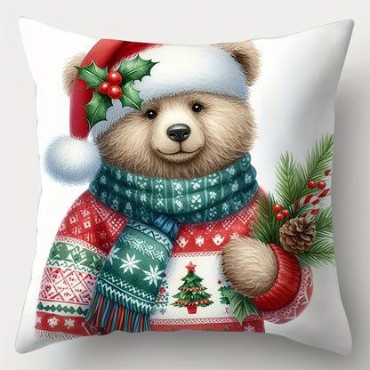 Contemporary Christmas Throw Pillow Covers Set of 4, Reindeer & Snowman, Teddy Bear & Christmas Bells, Decorative Cushion Cases, Zippered, Woven Polyester, Hand Wash, Home Sofa Decor 17x17 inches - Pillow Inserts Not Included