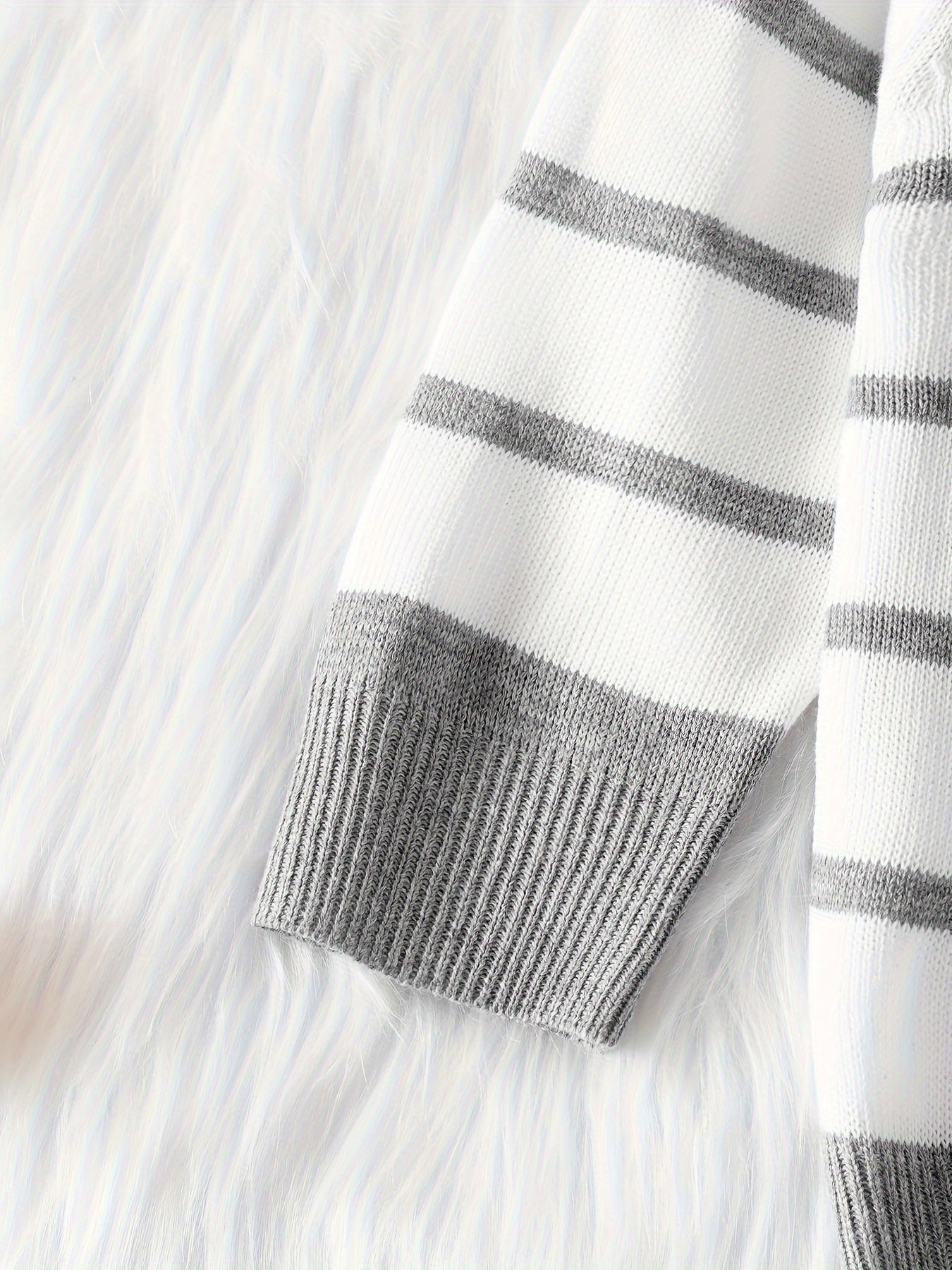 Baby Boys Comfortable & Casual Grey And White Striped Crew Neck Knitted Sweater For Outing Activities