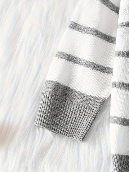 Baby Boys Comfortable & Casual Grey And White Striped Crew Neck Knitted Sweater For Outing Activities