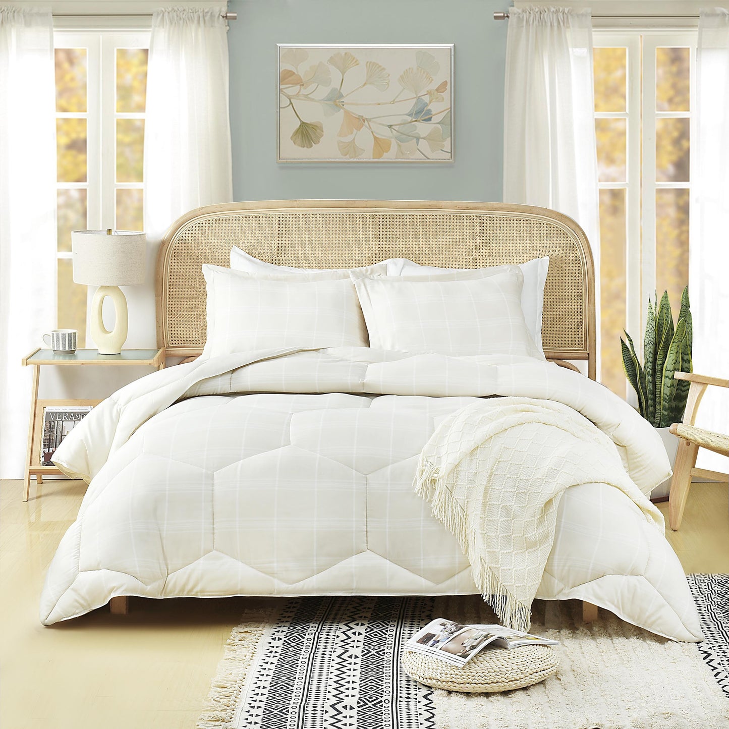 3 Pieces Reversible Quilted Comforter Set, Cationic Dyeing Comforter with Contemporary Plaid Pattern, Preppy Bedding Sets-Include 1 Comforter, 2 Pillow Shams for Bedroom