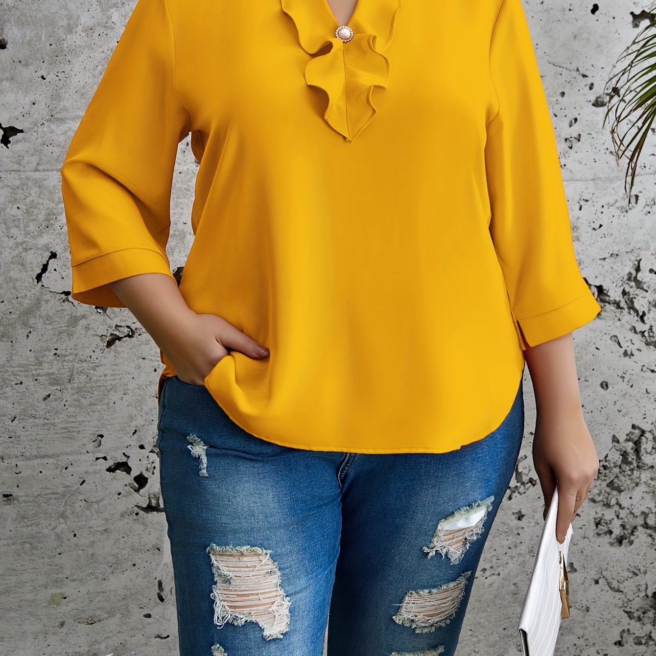 Plus Size Solid Ruffle Blouse, Elegant Crew Neck 3/4 Sleeve Blouse For Spring, Women's Plus Size Clothing