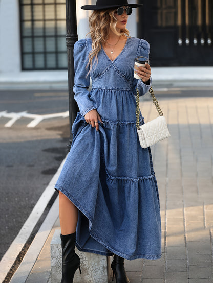 Flattering Long Sleeve Denim Dress with Chic V Neck & Ruffle Hem - Premium Womens Wardrobe Staple