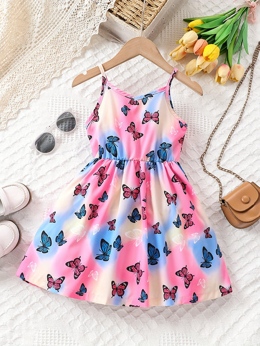Adorable Girls Kaleidoscopic Butterfly Print Adjustable Suspender Tunic Dress - Perfect for Sun-soaked Beaches & Summer Parties