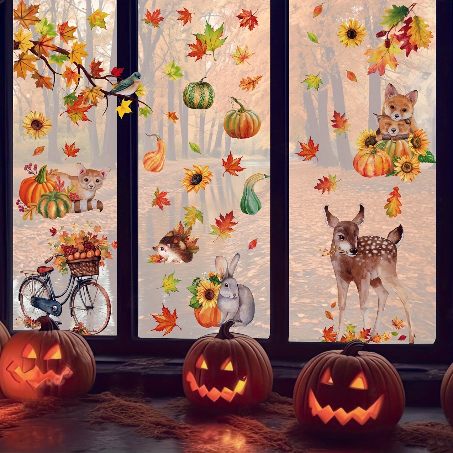 68pcs Autumn Harvest Window Clings Set - Reusable PVC Decals with Maple Leaves, Pumpkins, Hedgehogs, Deer & Rabbits for Thanksgiving Decor | Double-Sided, 9 Sheets of Festive Home & Office Window Stickers